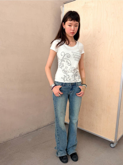 Achihara Lace Letter Print Round Neck Slim Fit Women&