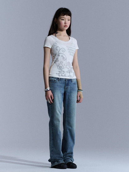 Achihara Lace Letter Print Round Neck Slim Fit Women&