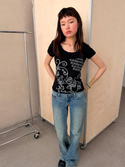 Achihara Lace Letter Print Round Neck Slim Fit Women&