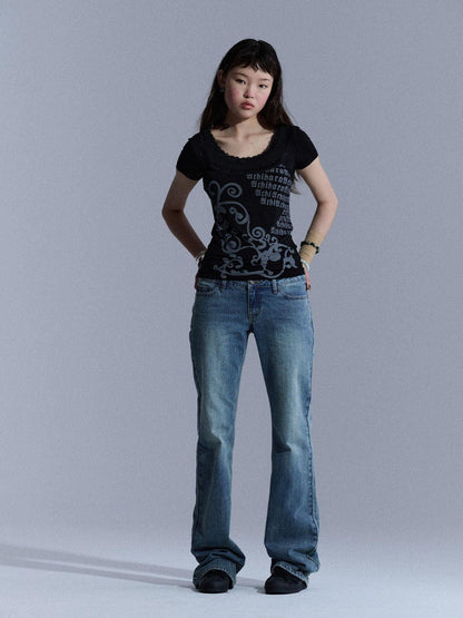 Achihara Lace Letter Print Round Neck Slim Fit Women&