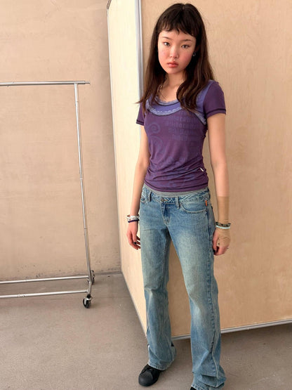 Achihara Lace Letter Print Round Neck Slim Fit Women&
