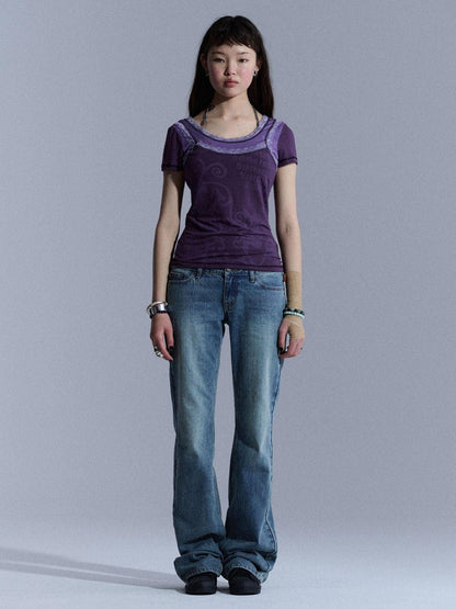 Achihara Lace Letter Print Round Neck Slim Fit Women&