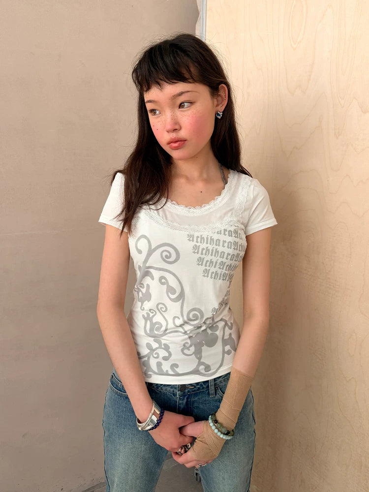 Achihara Lace Letter Print Round Neck Slim Fit Women&