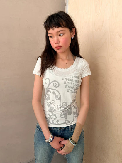Achihara Lace Letter Print Round Neck Slim Fit Women&