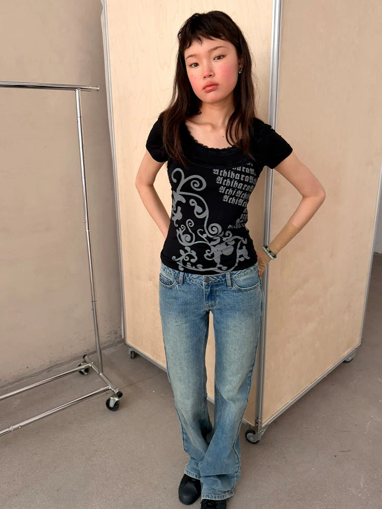 Achihara Lace Letter Print Round Neck Slim Fit Women&
