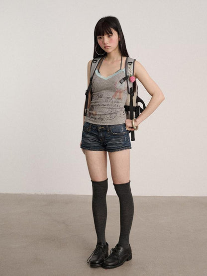 Achihara Lace V-neck Slim Fit Cropped Strappy Women Letter Print Polyester Tank Tops