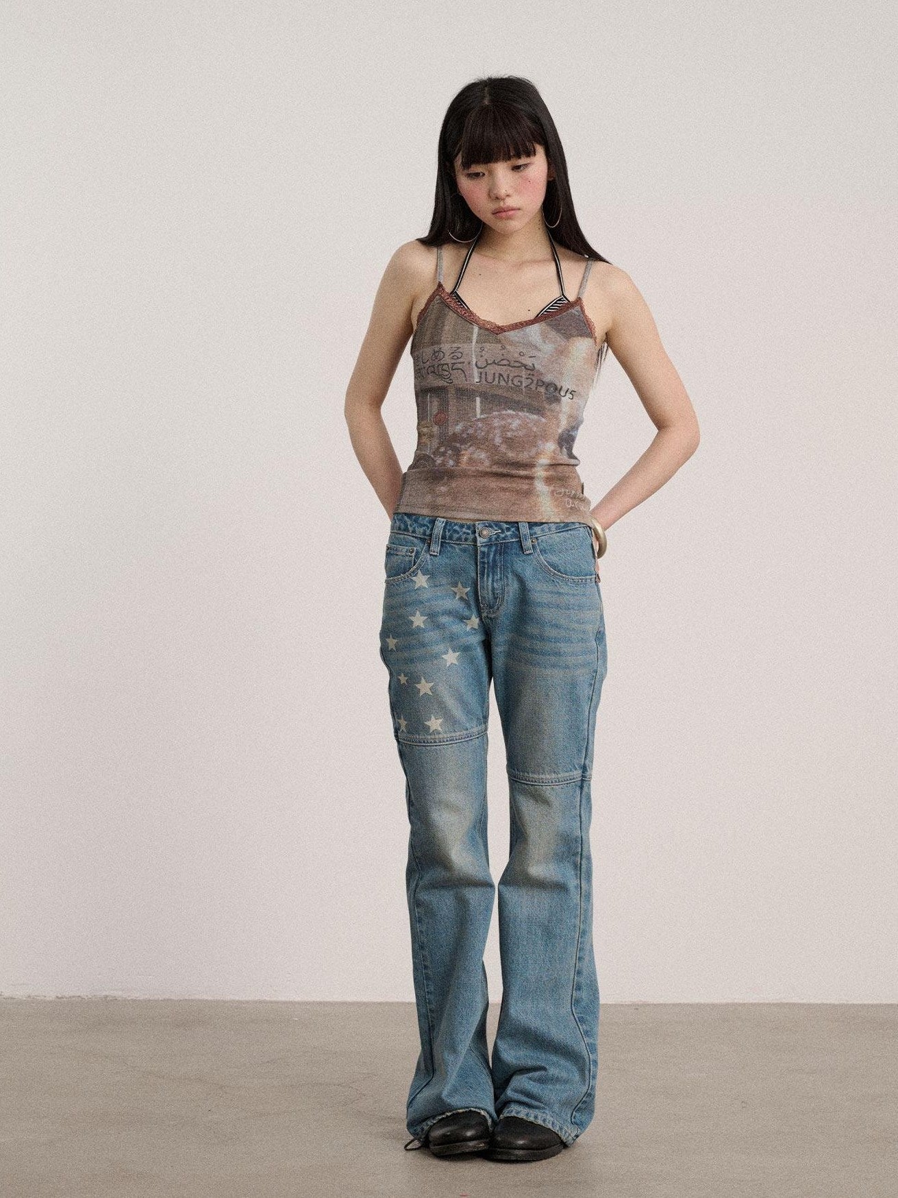Achihara Lace V-neck Slim Fit Cropped Strappy Women Letter Print Polyester Tank Tops