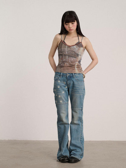 Achihara Lace V-neck Slim Fit Cropped Strappy Women Letter Print Polyester Tank Tops