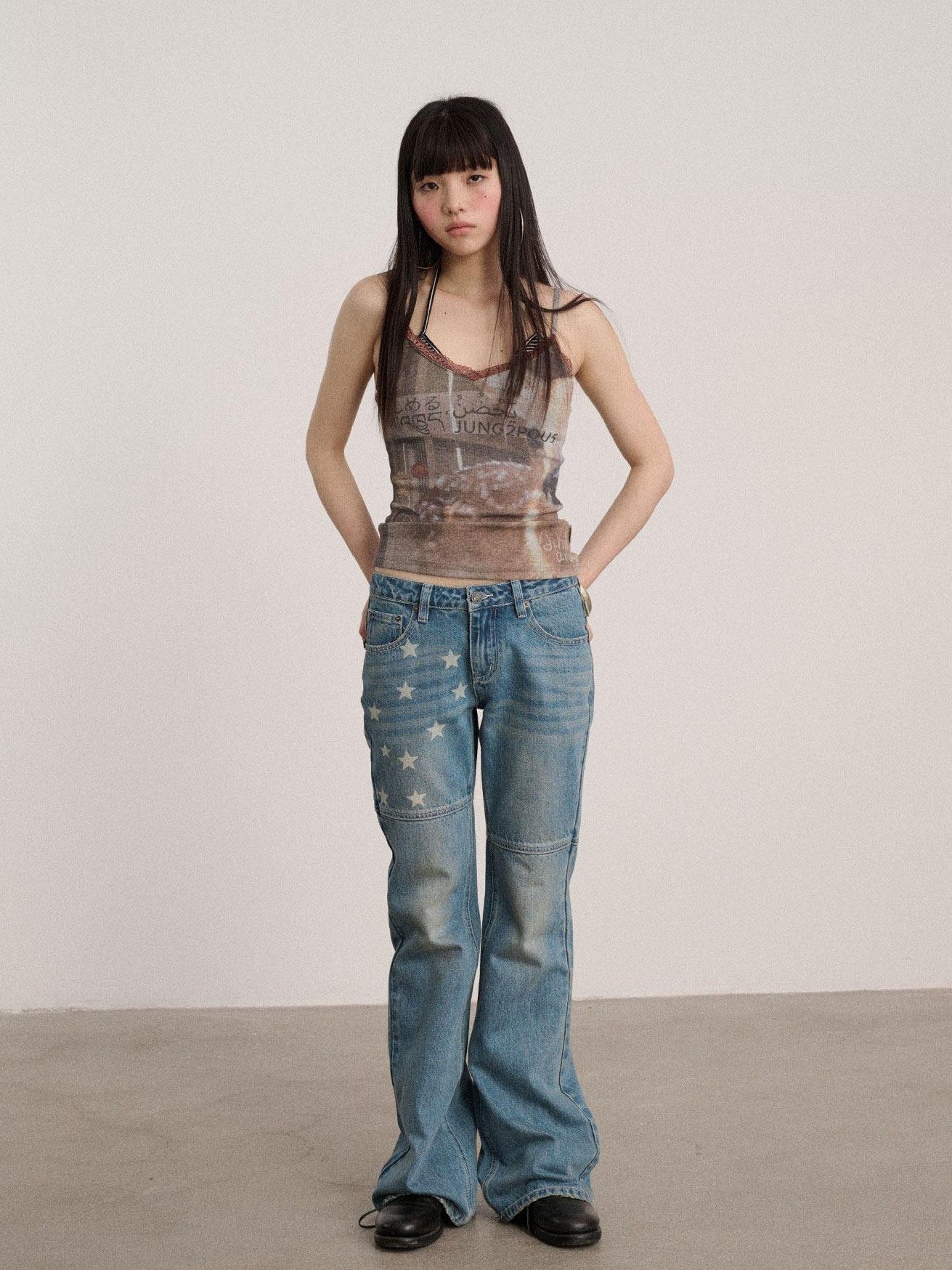 Achihara Lace V-neck Slim Fit Cropped Strappy Women Letter Print Polyester Tank Tops