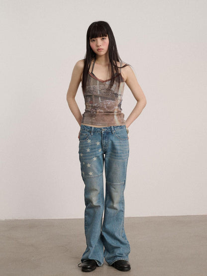 Achihara Lace V-neck Slim Fit Cropped Strappy Women Letter Print Polyester Tank Tops