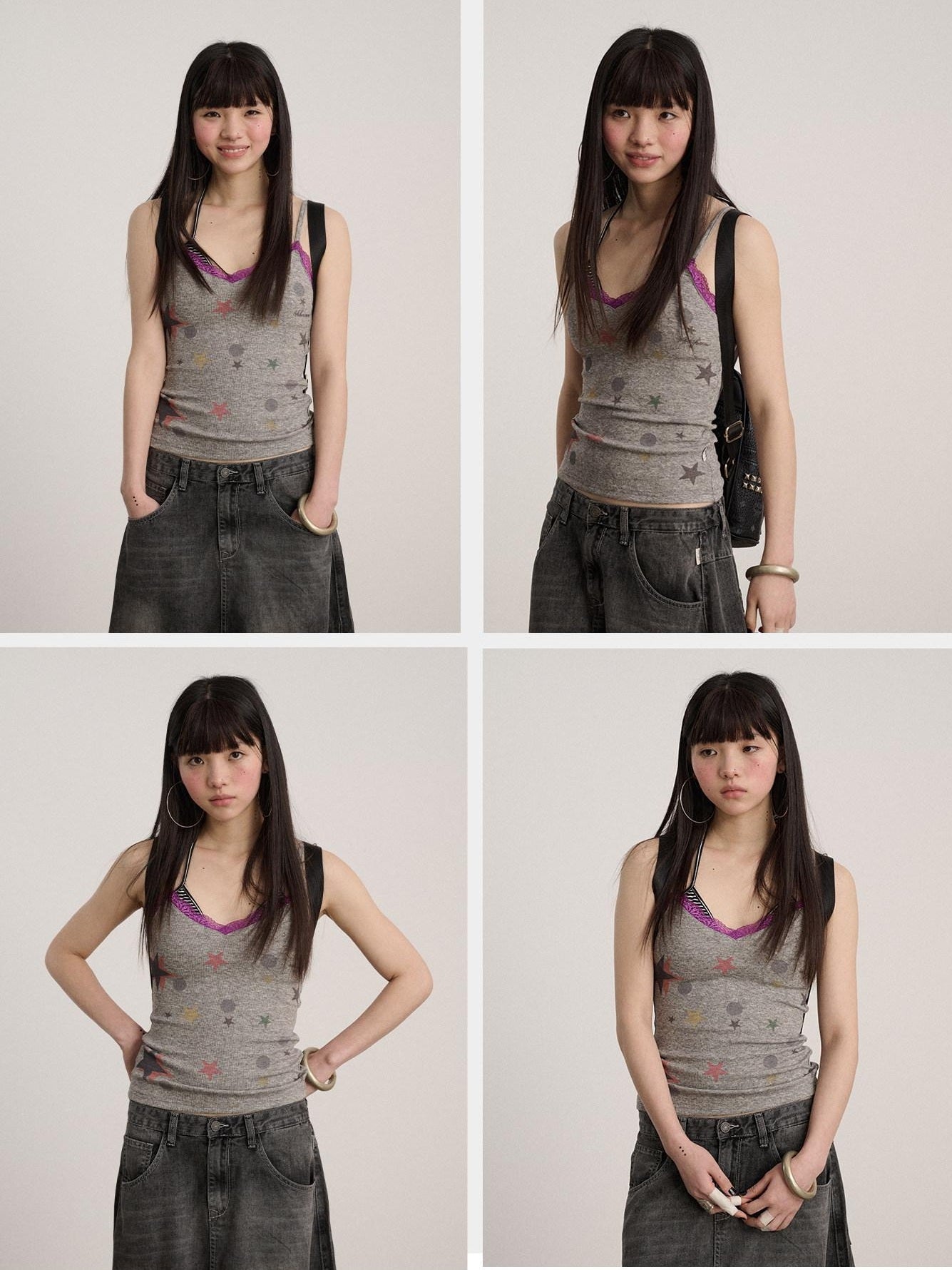 Achihara Lace V-neck Slim Fit Cropped Strappy Women Letter Print Polyester Tank Tops