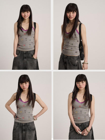 Achihara Lace V-neck Slim Fit Cropped Strappy Women Letter Print Polyester Tank Tops