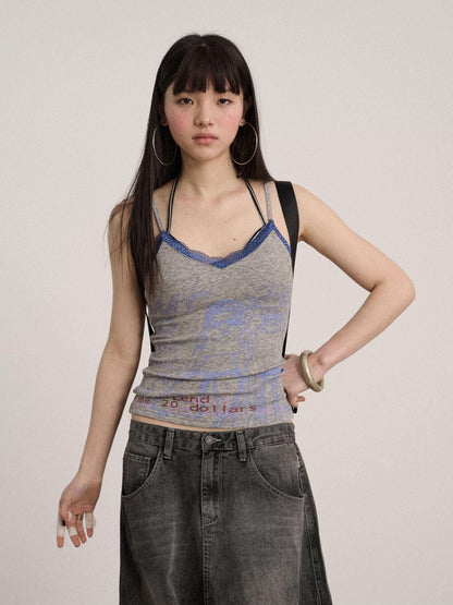 Achihara Lace V-neck Slim Fit Cropped Strappy Women Letter Print Polyester Tank Tops