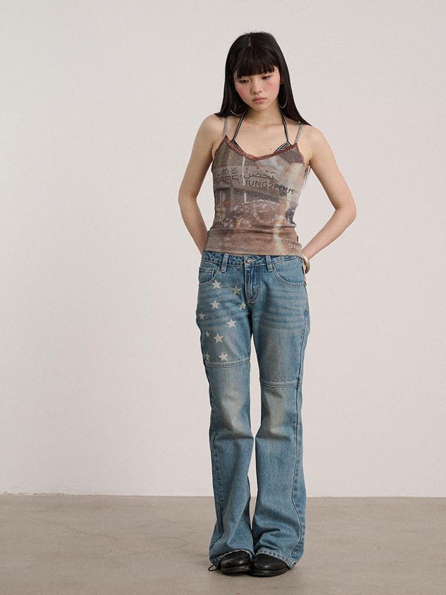 Achihara Lace V-neck Slim Fit Cropped Strappy Women Letter Print Polyester Tank Tops