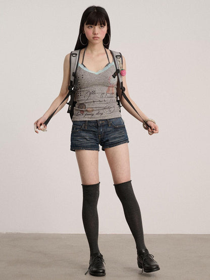 Achihara Lace V-neck Slim Fit Cropped Strappy Women Letter Print Polyester Tank Tops