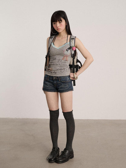 Achihara Lace V-neck Slim Fit Cropped Strappy Women Letter Print Polyester Tank Tops