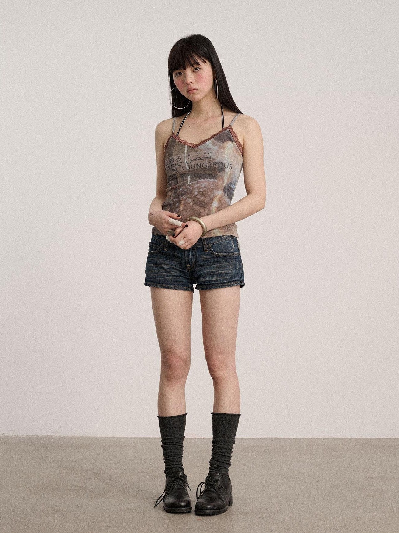 Achihara Lace V-neck Slim Fit Cropped Strappy Women Letter Print Polyester Tank Tops