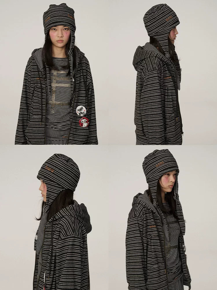 Achihara Lightweight Polyester Casual Round Top Women Black White Striped Hat-1