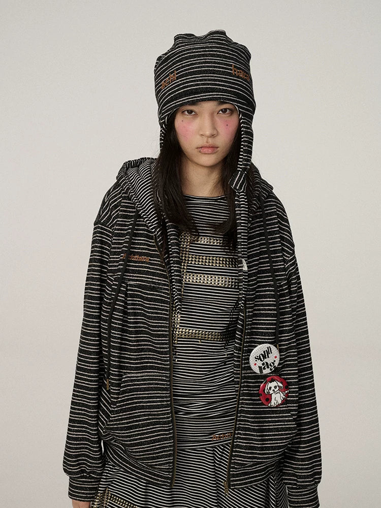 Achihara Lightweight Polyester Casual Round Top Women Black White Striped Hat-2