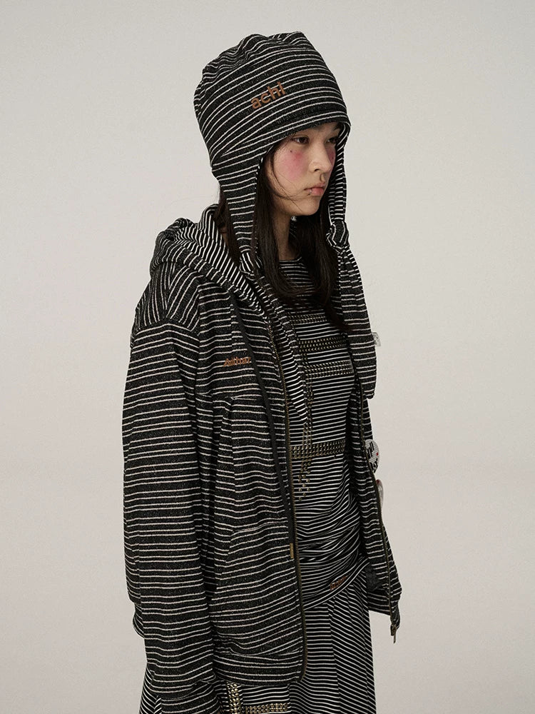 Achihara Lightweight Polyester Casual Round Top Women Black White Striped Hat-3