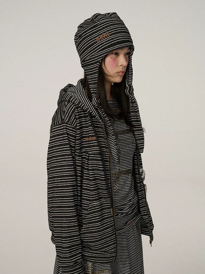 Achihara Lightweight Polyester Casual Round Top Women Black White Striped Hat-3