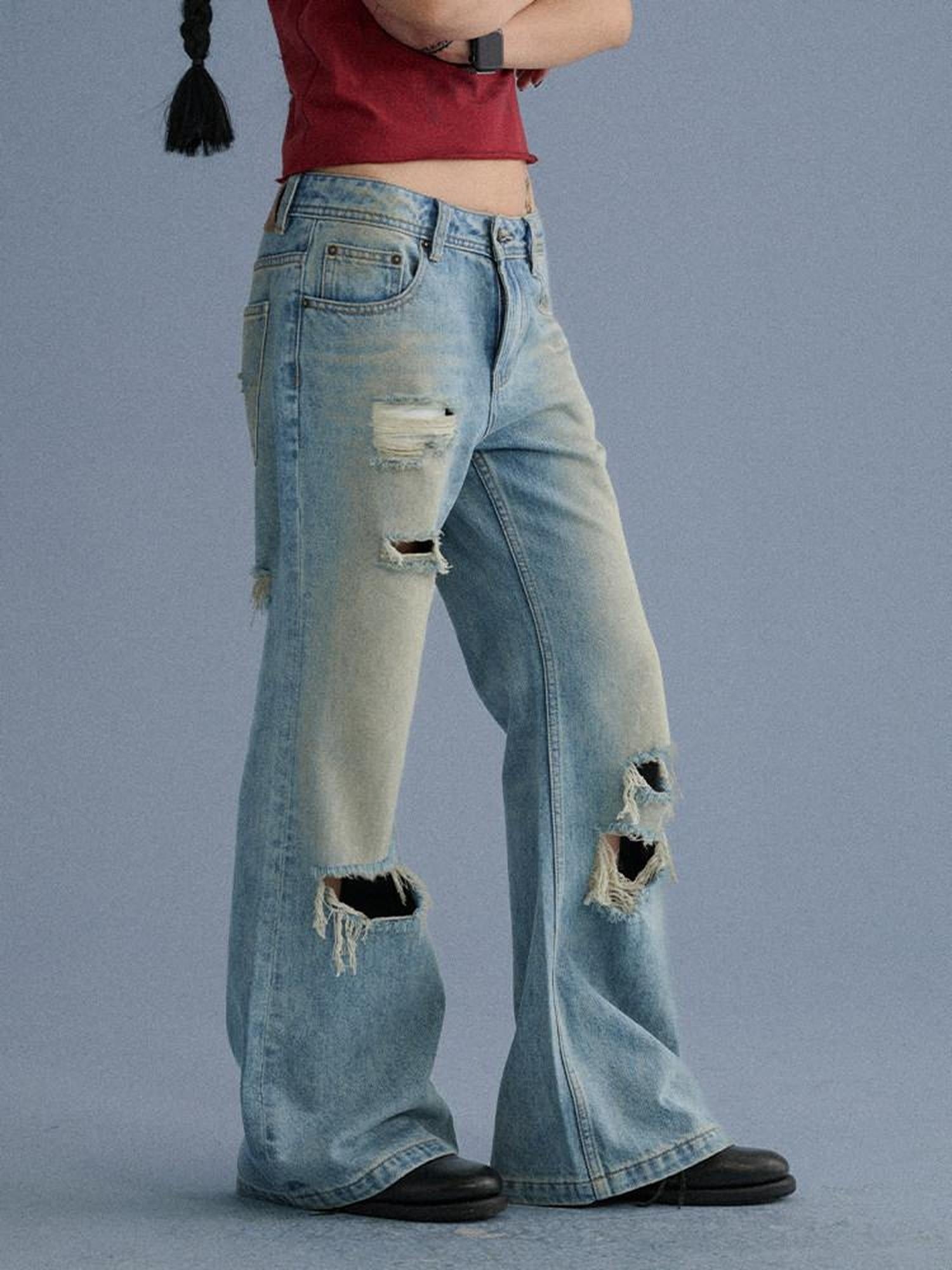 Achihara Low Rise Ripped Washed Blue Wide Leg Teen Girls Stretch Denim Straight Jeans