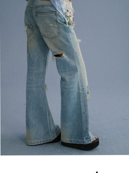 Achihara Low Rise Ripped Washed Blue Wide Leg Teen Girls Stretch Denim Straight Jeans