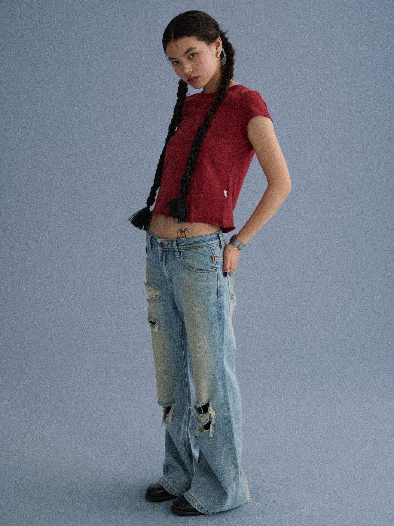 Achihara Low Rise Ripped Washed Blue Wide Leg Teen Girls Stretch Denim Straight Jeans
