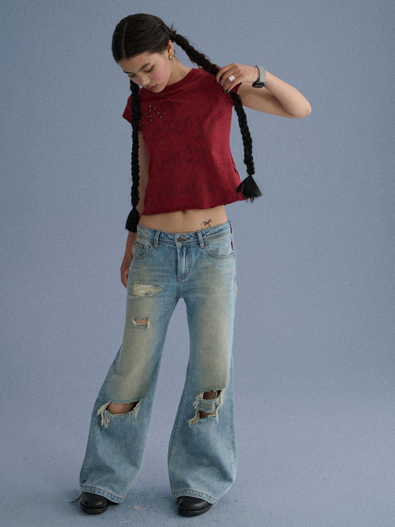Achihara Low Rise Ripped Washed Blue Wide Leg Teen Girls Stretch Denim Straight Jeans