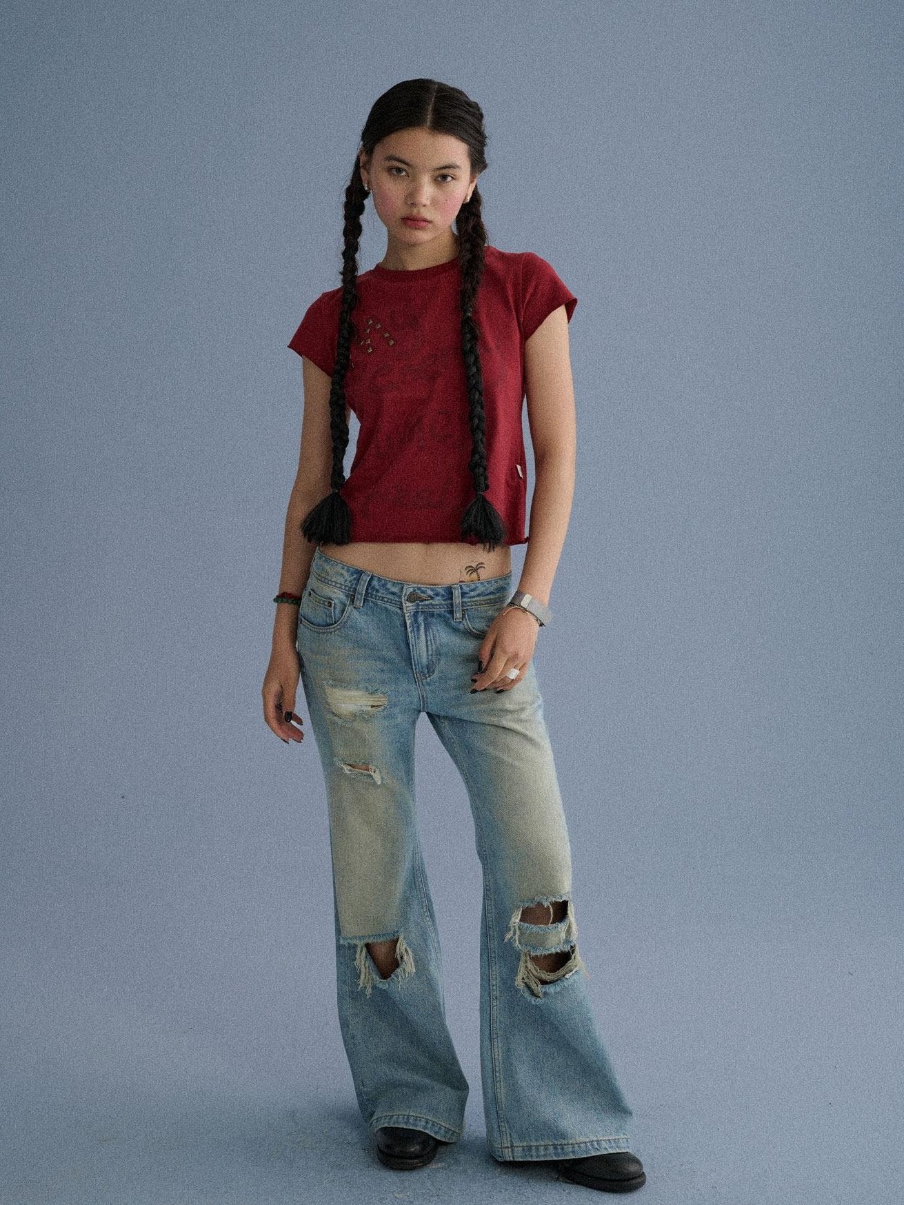 Achihara Low Rise Ripped Washed Blue Wide Leg Teen Girls Stretch Denim Straight Jeans