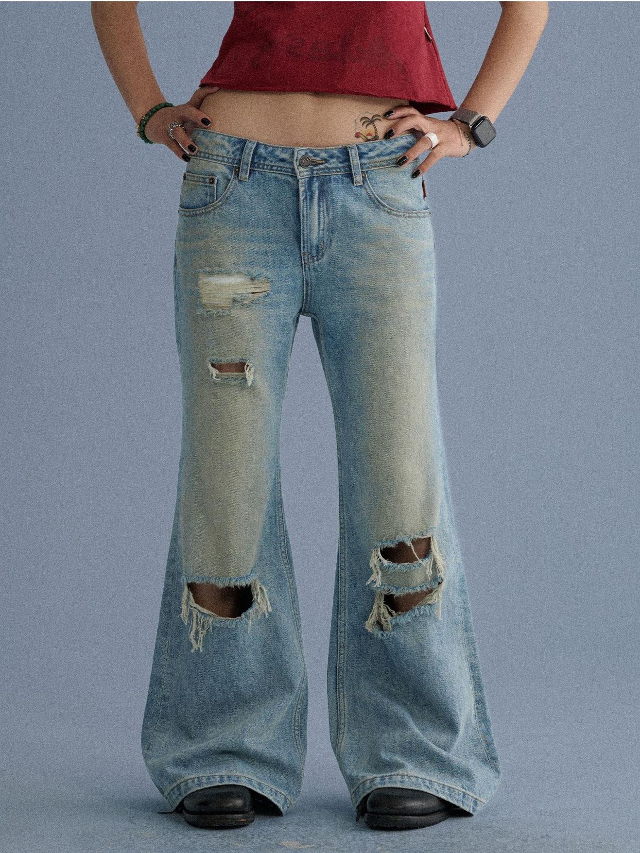 Achihara Low Rise Ripped Washed Blue Wide Leg Teen Girls Stretch Denim Straight Jeans