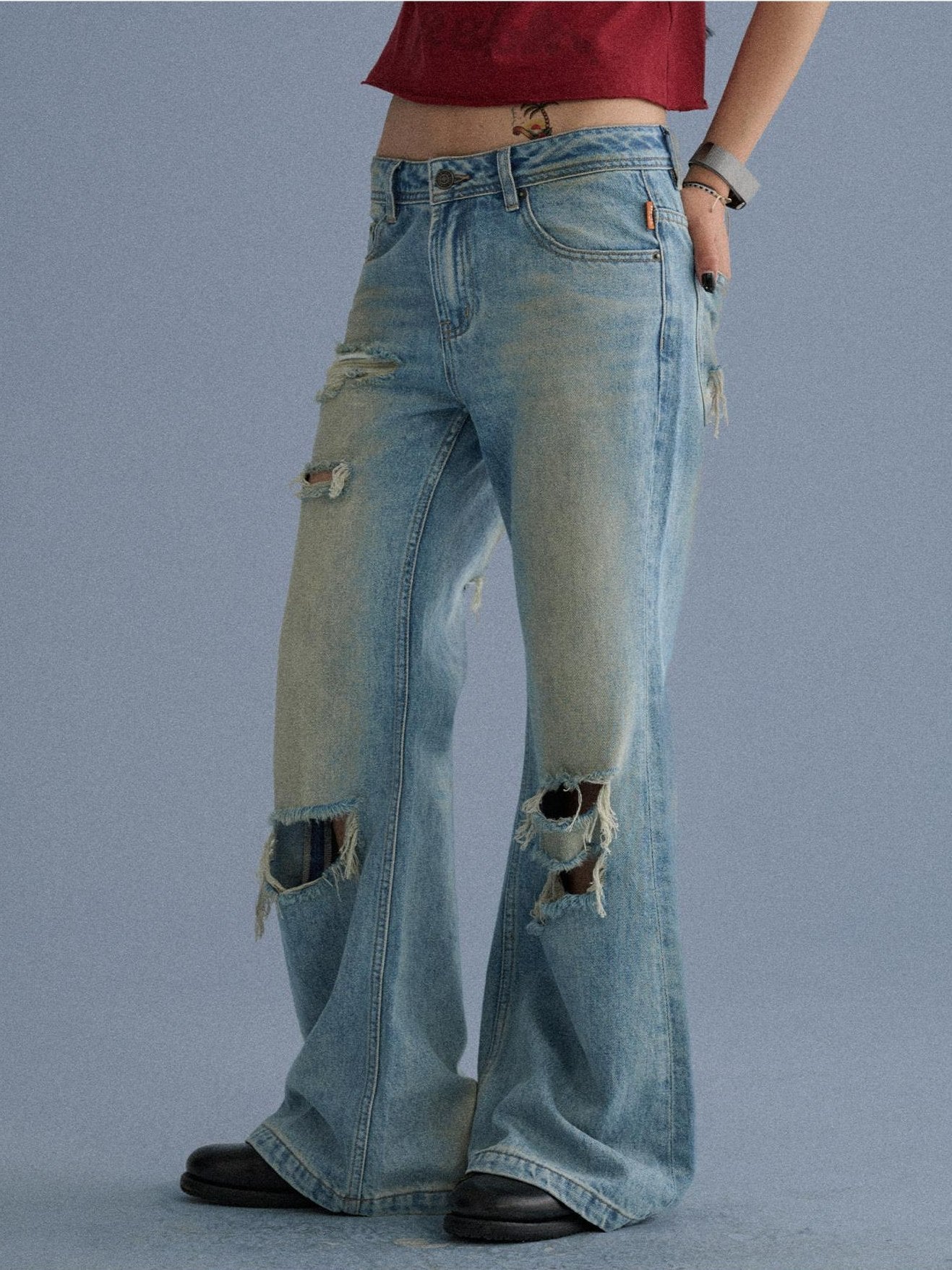 Achihara Low Rise Ripped Washed Blue Wide Leg Teen Girls Stretch Denim Straight Jeans