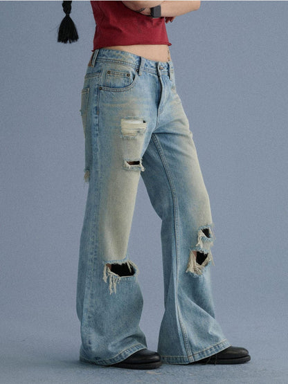 Achihara Low Rise Ripped Washed Blue Wide Leg Teen Girls Stretch Denim Straight Jeans