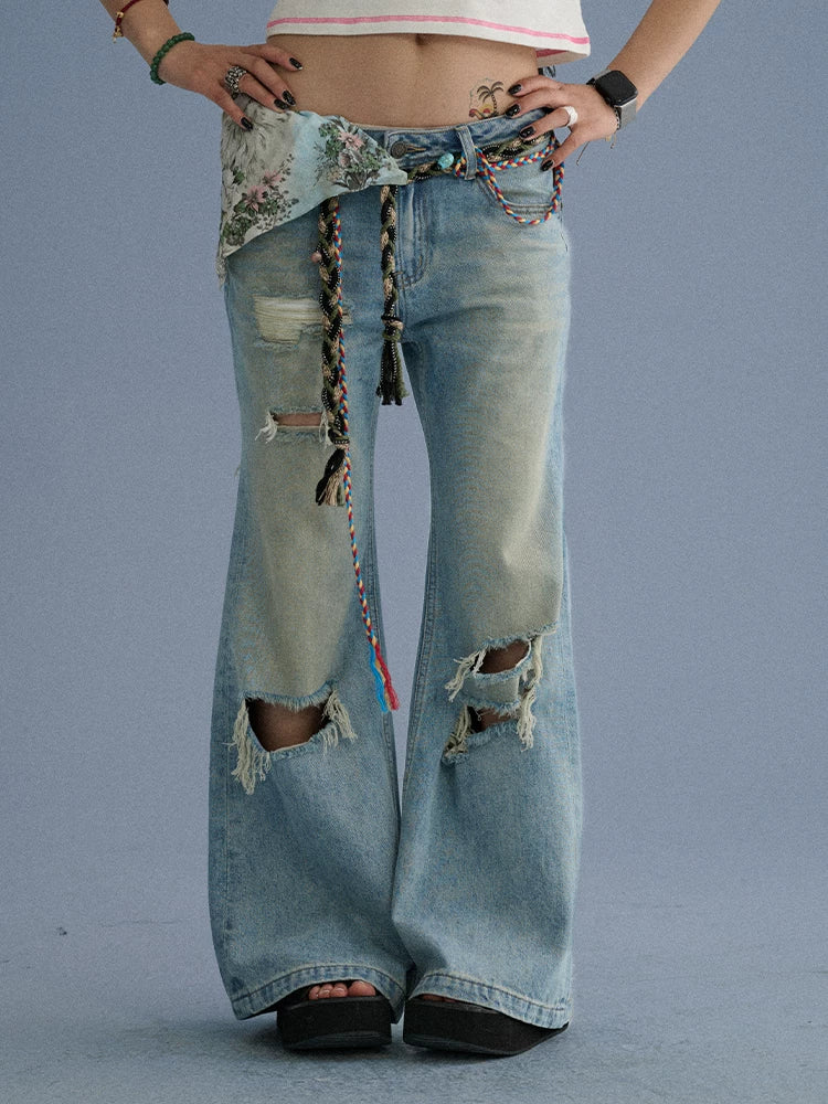Achihara Low Rise Ripped Washed Blue Wide Leg Teen Girls Stretch Denim Straight Jeans-1