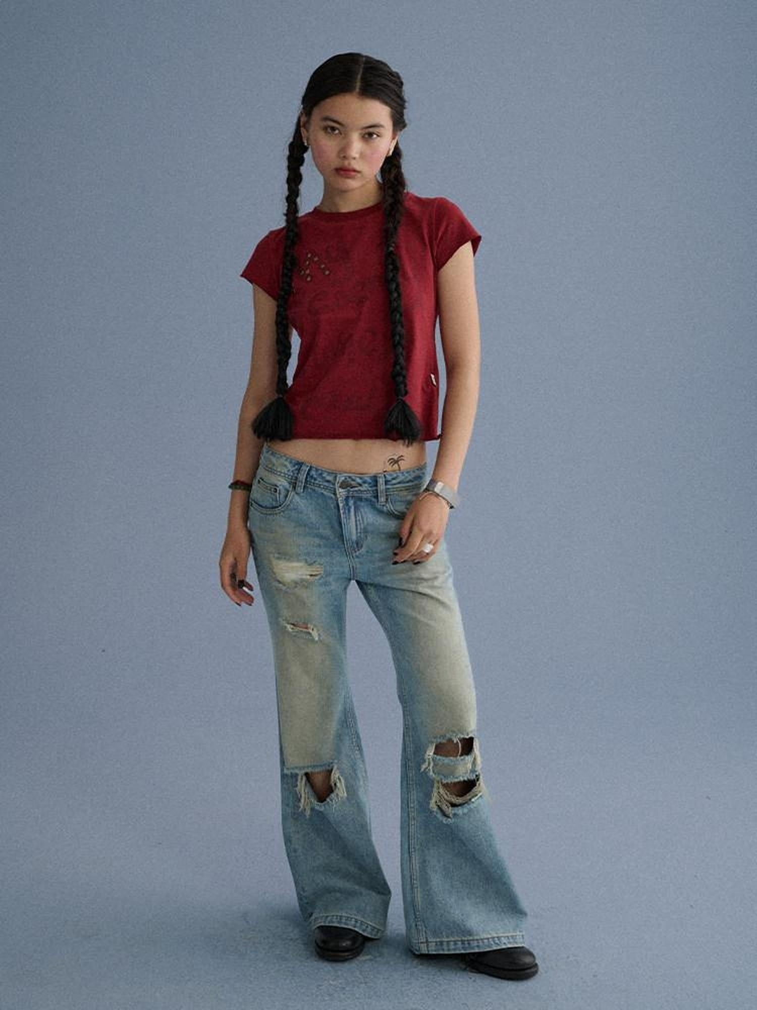Achihara Low Rise Ripped Washed Blue Wide Leg Teen Girls Stretch Denim Straight Jeans
