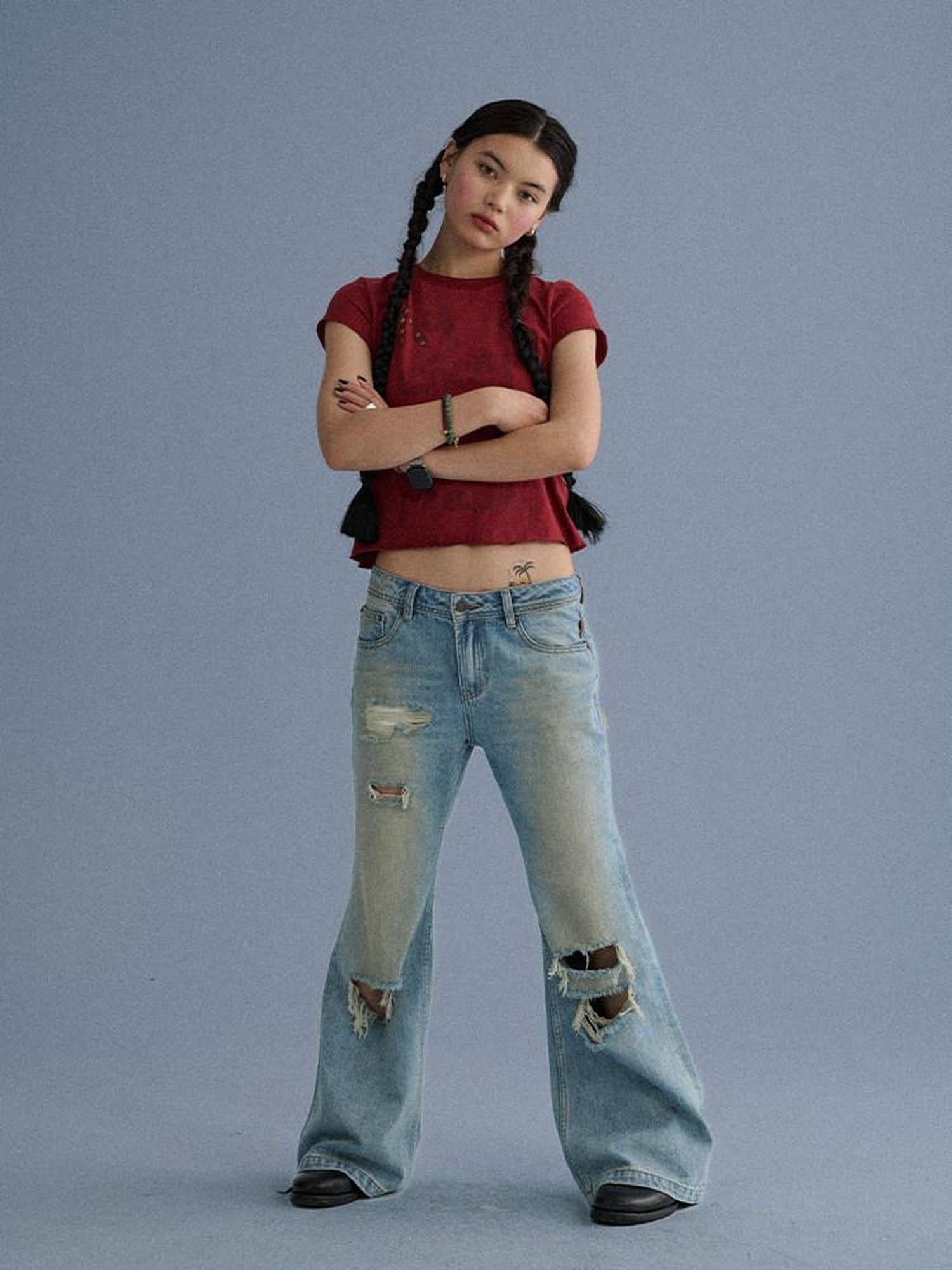 Achihara Low Rise Ripped Washed Blue Wide Leg Teen Girls Stretch Denim Straight Jeans