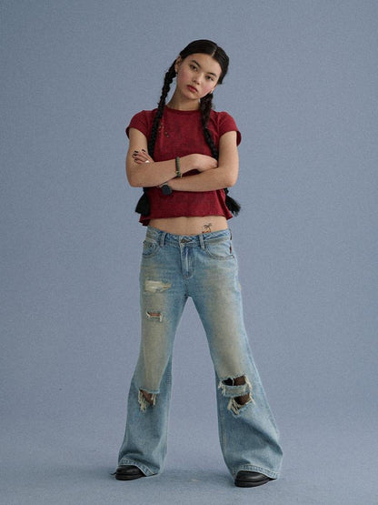 Achihara Low Rise Ripped Washed Blue Wide Leg Teen Girls Stretch Denim Straight Jeans