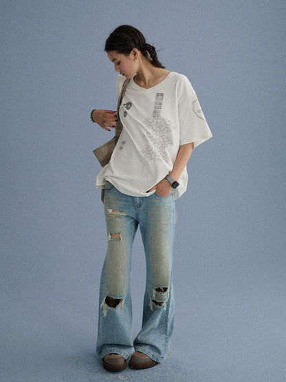 Achihara Low Rise Ripped Washed Blue Wide Leg Teen Girls Stretch Denim Straight Jeans