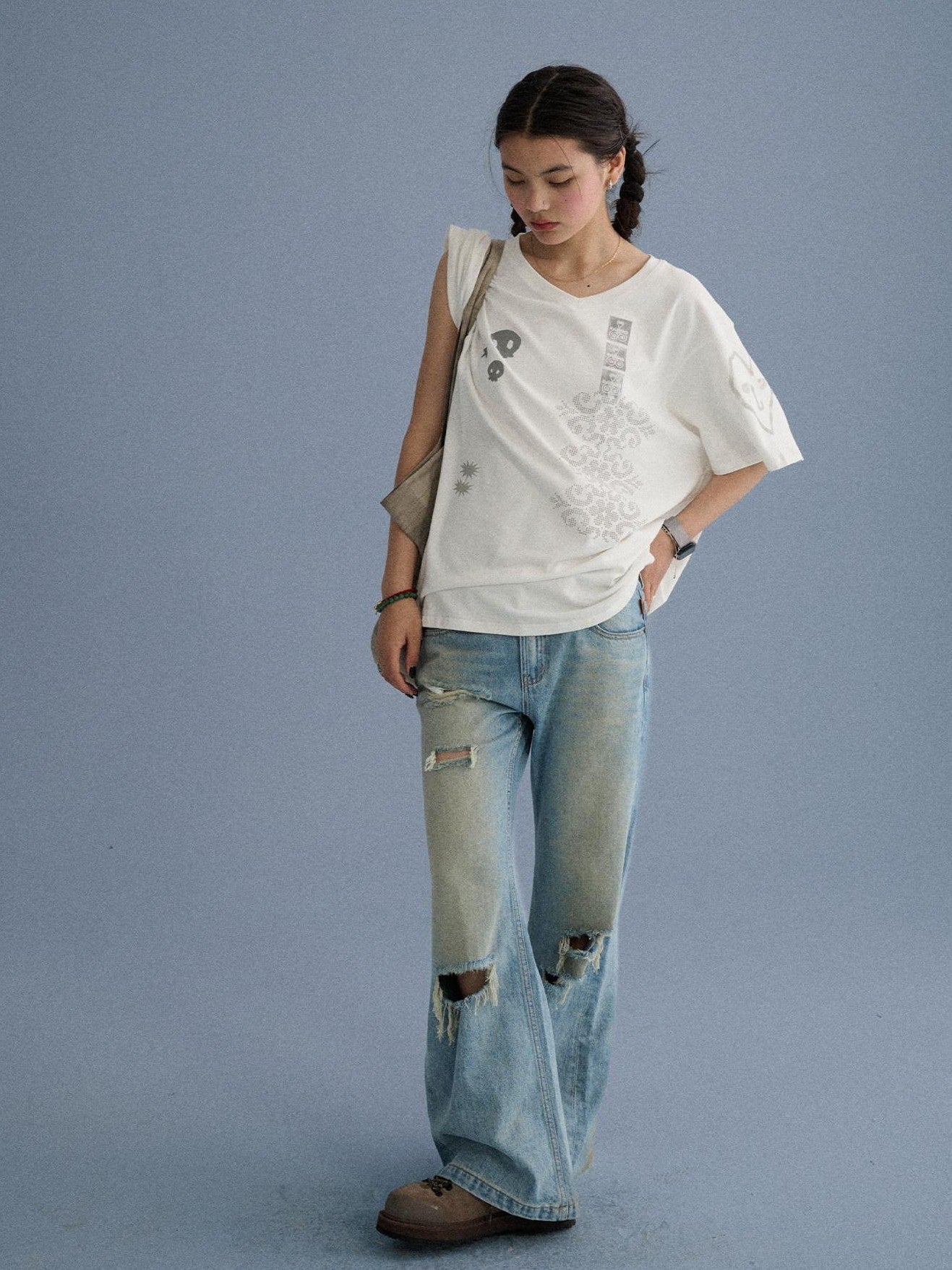 Achihara Low Rise Ripped Washed Blue Wide Leg Teen Girls Stretch Denim Straight Jeans