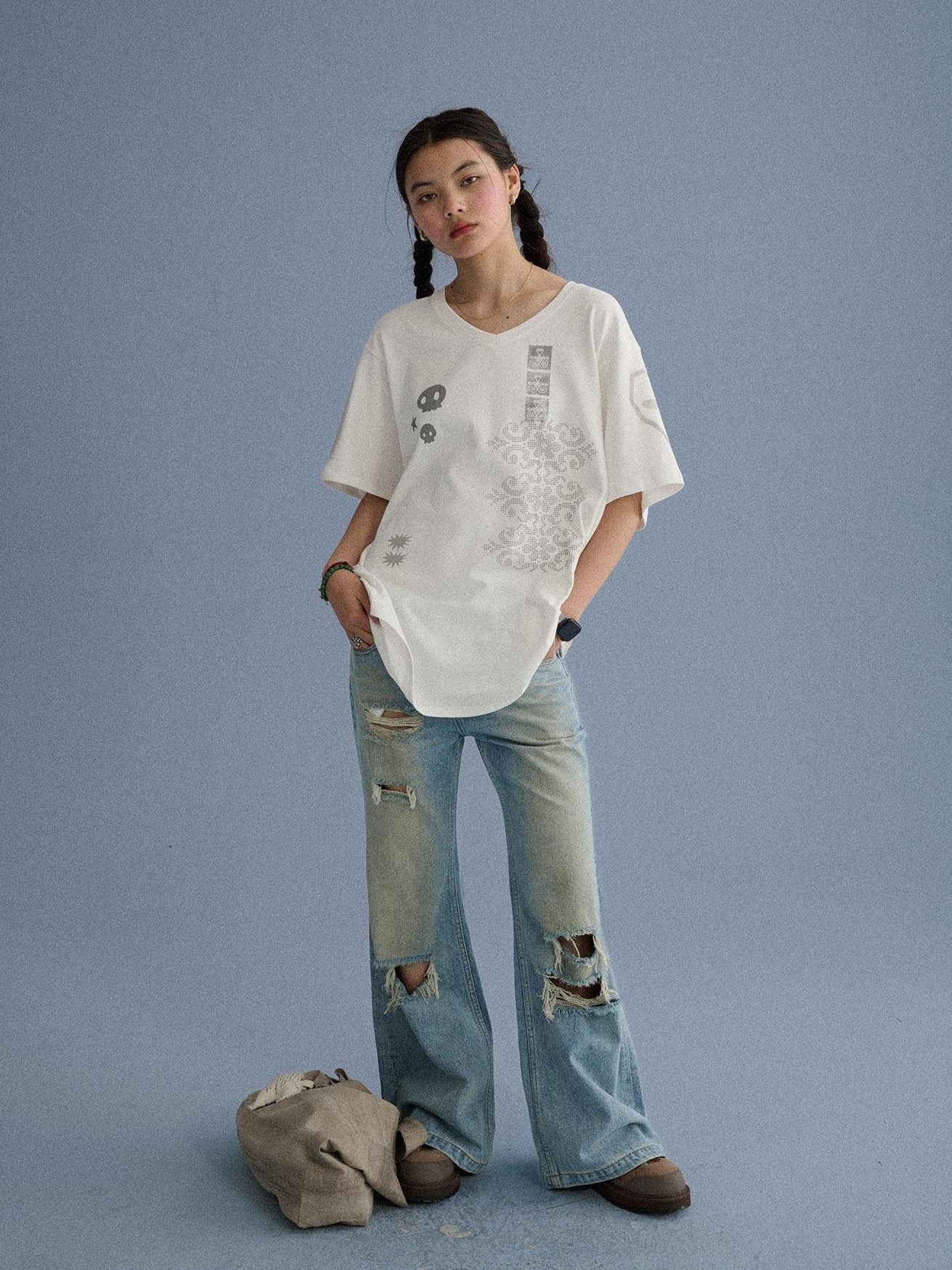 Achihara Low Rise Ripped Washed Blue Wide Leg Teen Girls Stretch Denim Straight Jeans