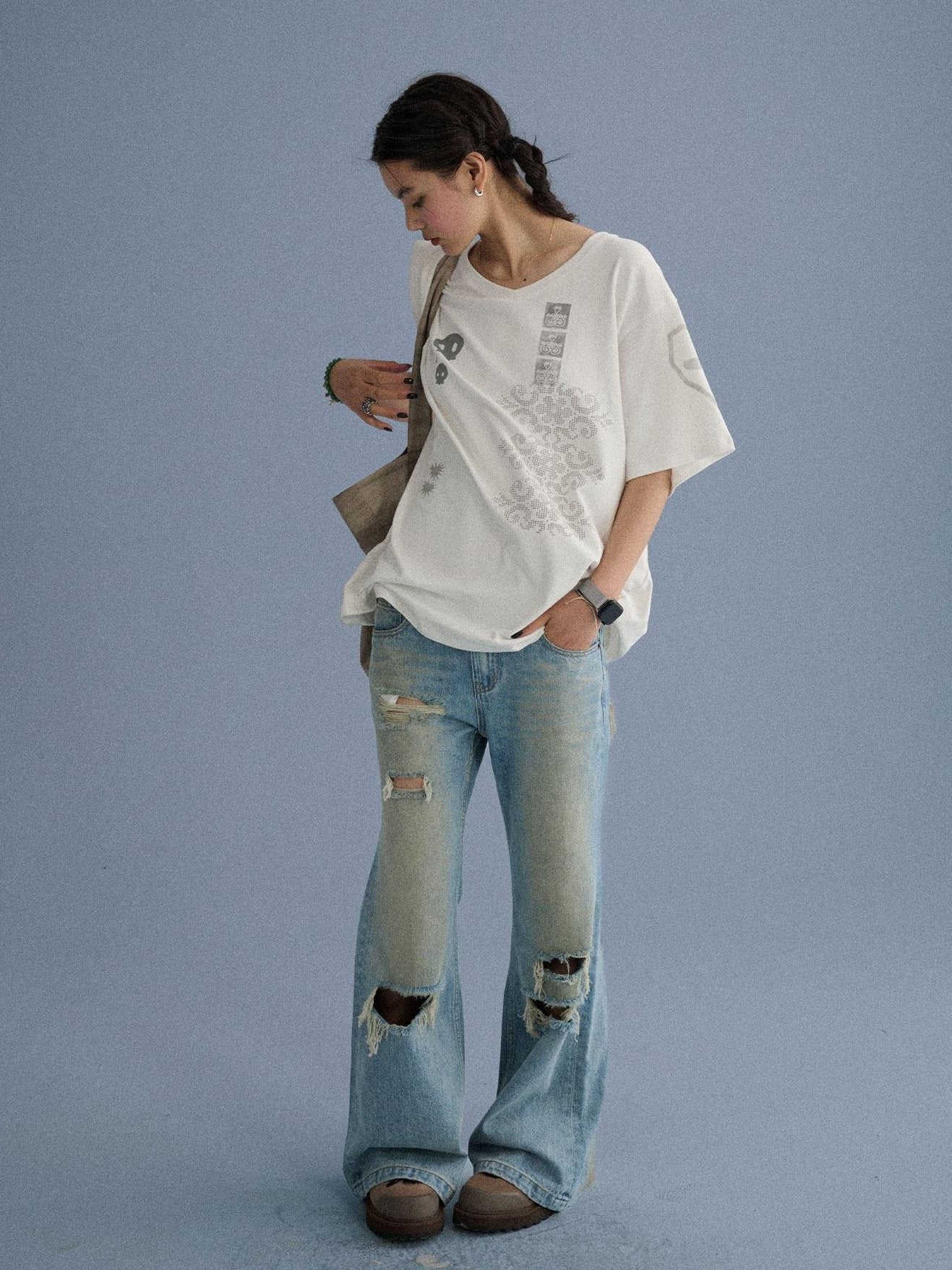 Achihara Low Rise Ripped Washed Blue Wide Leg Teen Girls Stretch Denim Straight Jeans