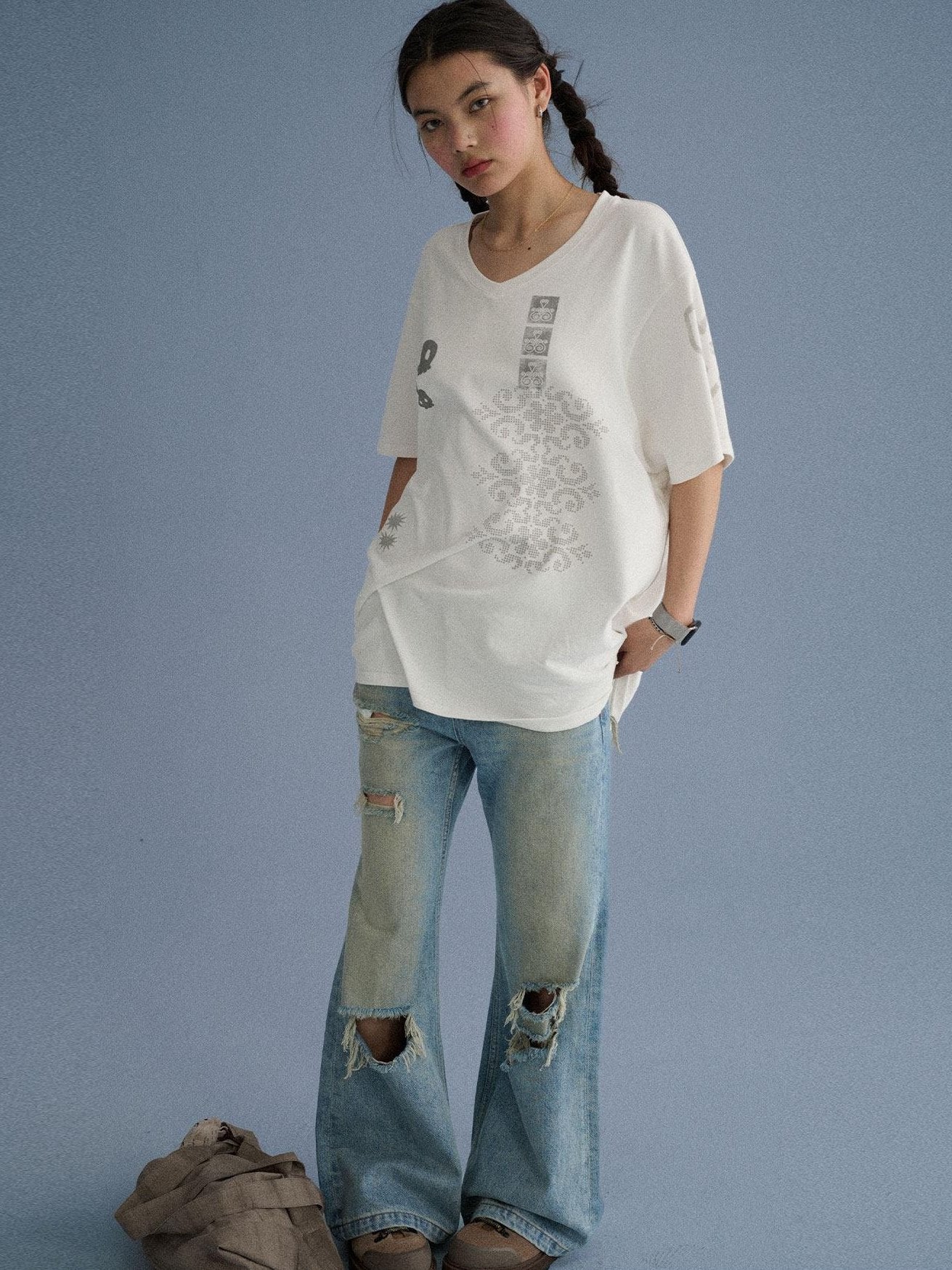 Achihara Low Rise Ripped Washed Blue Wide Leg Teen Girls Stretch Denim Straight Jeans