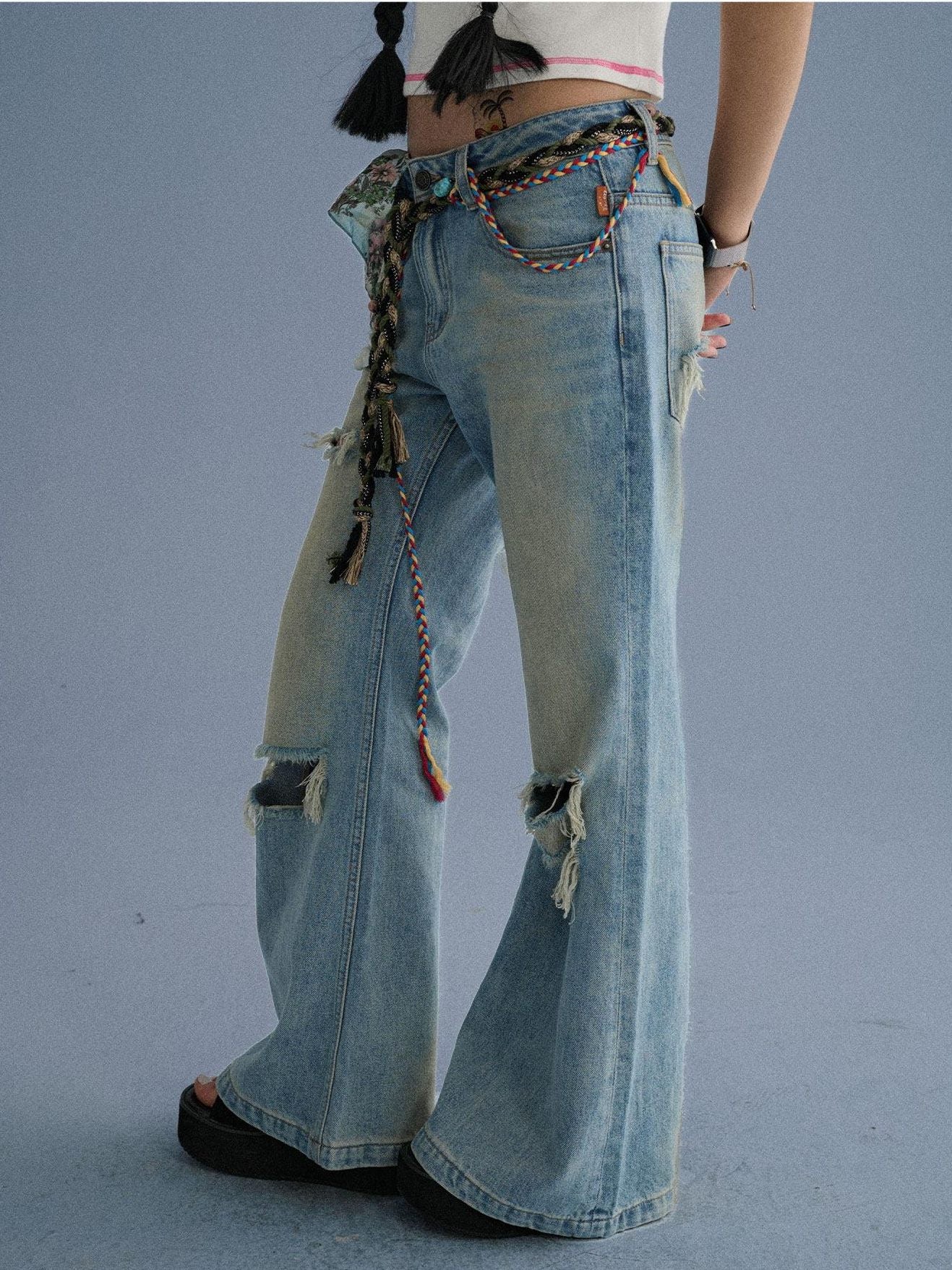 Achihara Low Rise Ripped Washed Blue Wide Leg Teen Girls Stretch Denim Straight Jeans