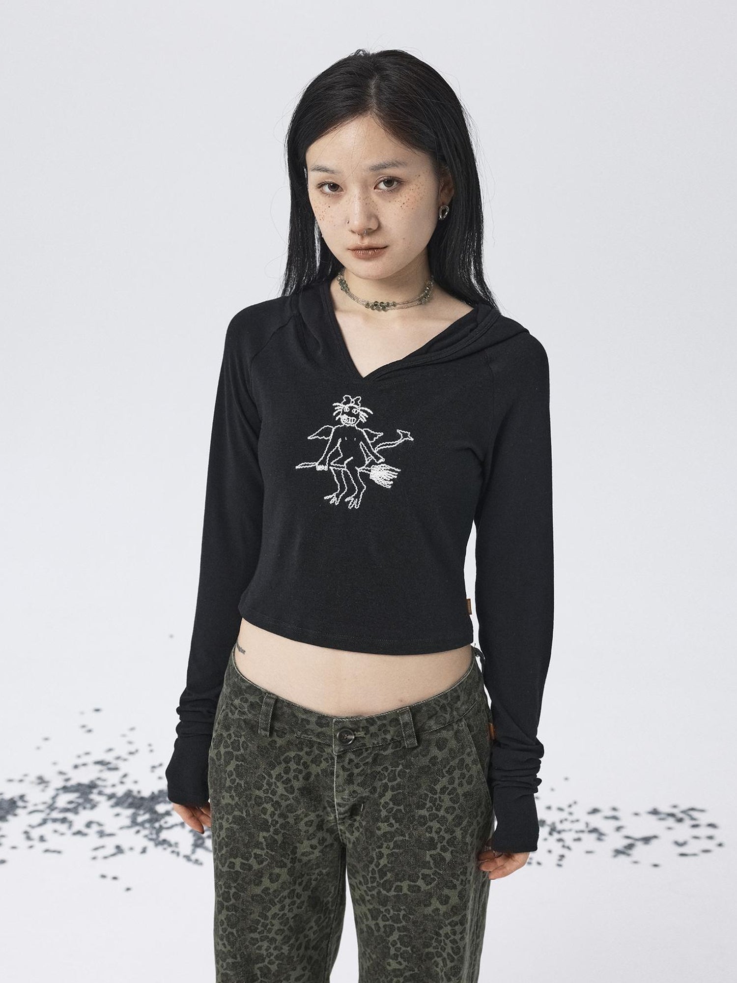 Achihara Magic Broom Print Hooded Long Sleeve Tee