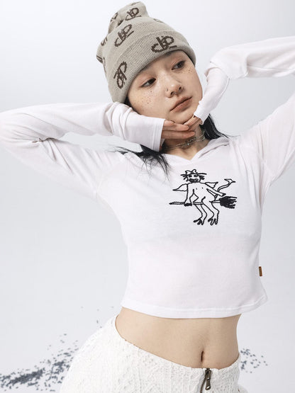 Achihara Magic Broom Print Hooded Long Sleeve Tee