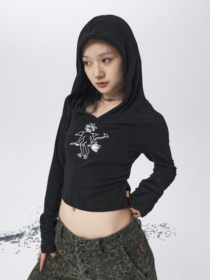 Achihara Magic Broom Print Hooded Long Sleeve Tee