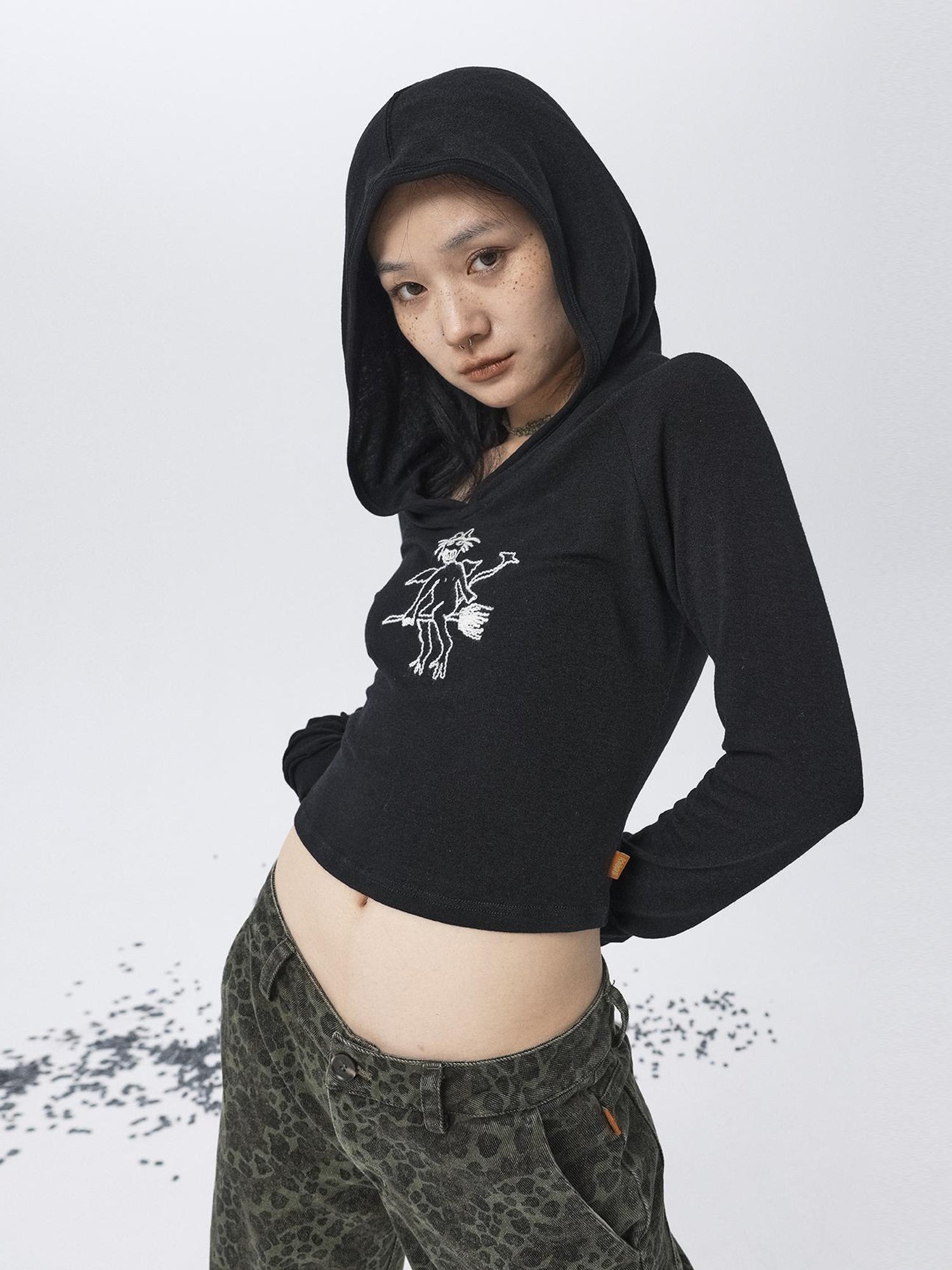 Achihara Magic Broom Print Hooded Long Sleeve Tee