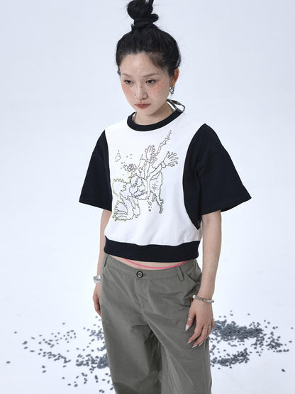 Achihara Map Print Cropped Cotton Tee