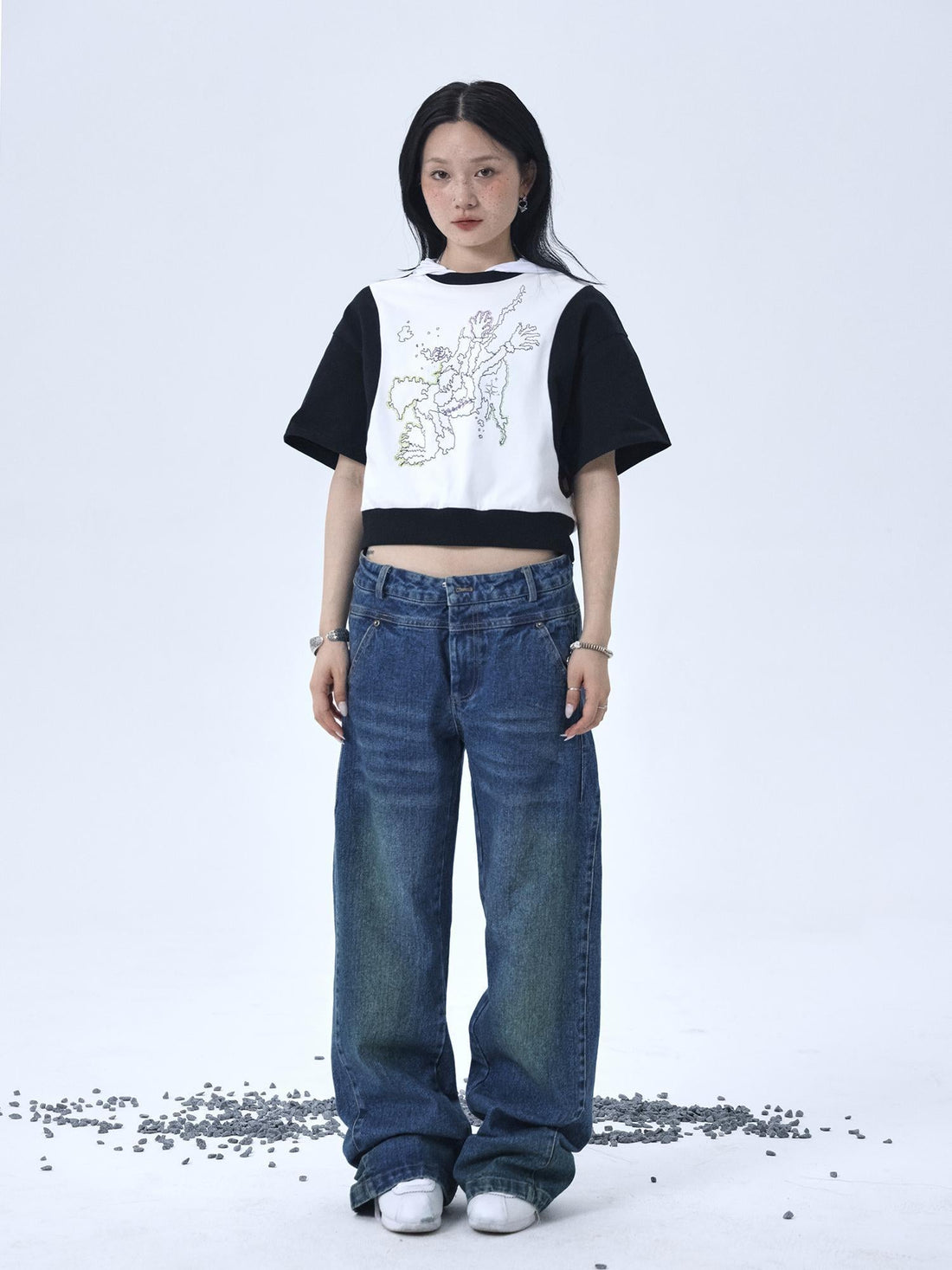 Achihara Map Print Cropped Cotton Tee