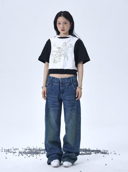 Achihara Map Print Cropped Cotton Tee